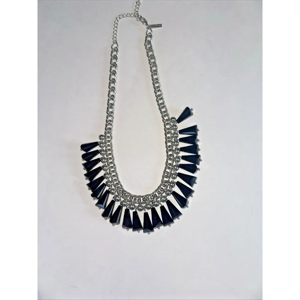 Cookie Lee Bib Necklace Women OS Black Silver Excellent Statement Fringe Goth